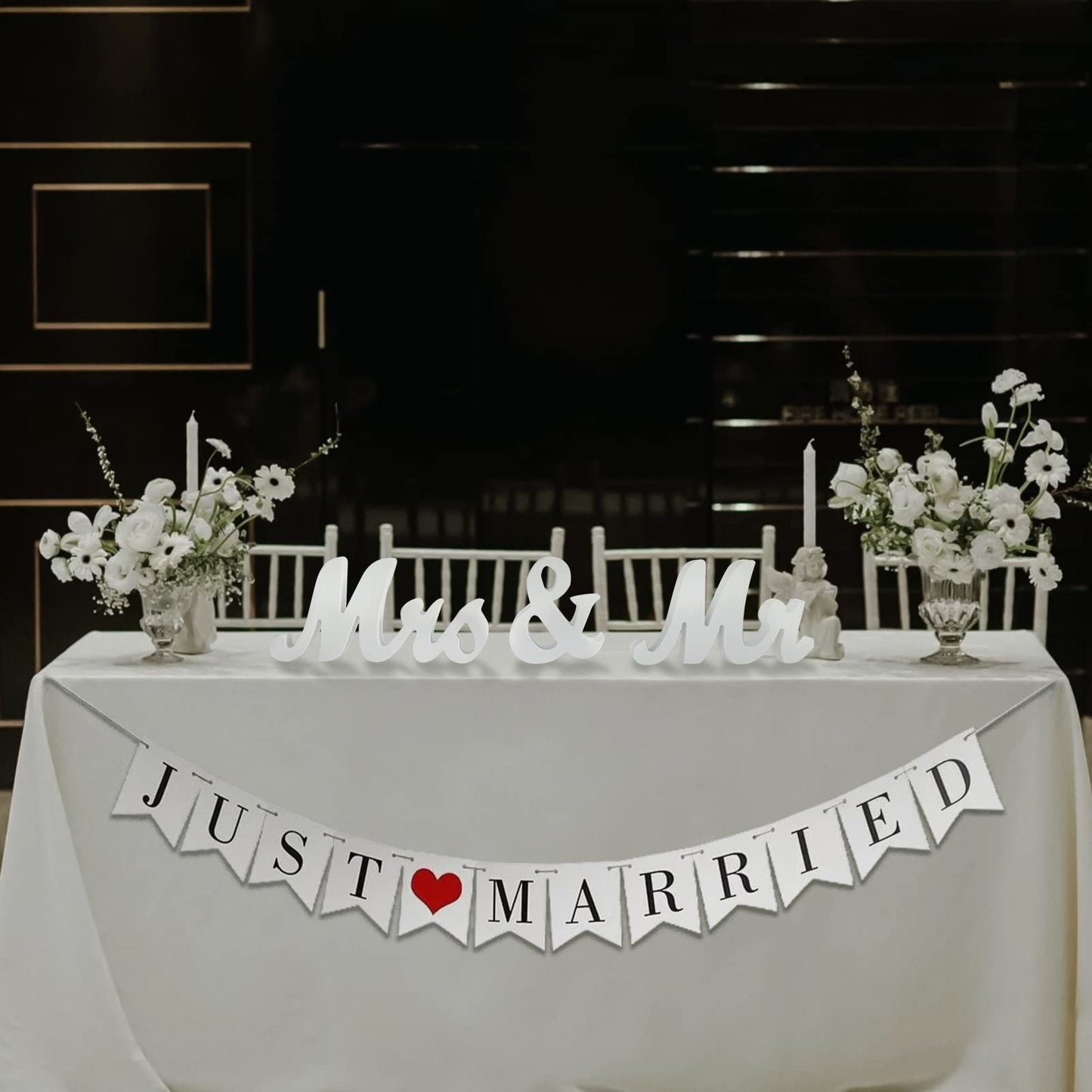 Large White Wooden Mr & Mrs Sign with Just Married Banner White Sweetheart Table Decorations & Photo Props for Anniversary Parties