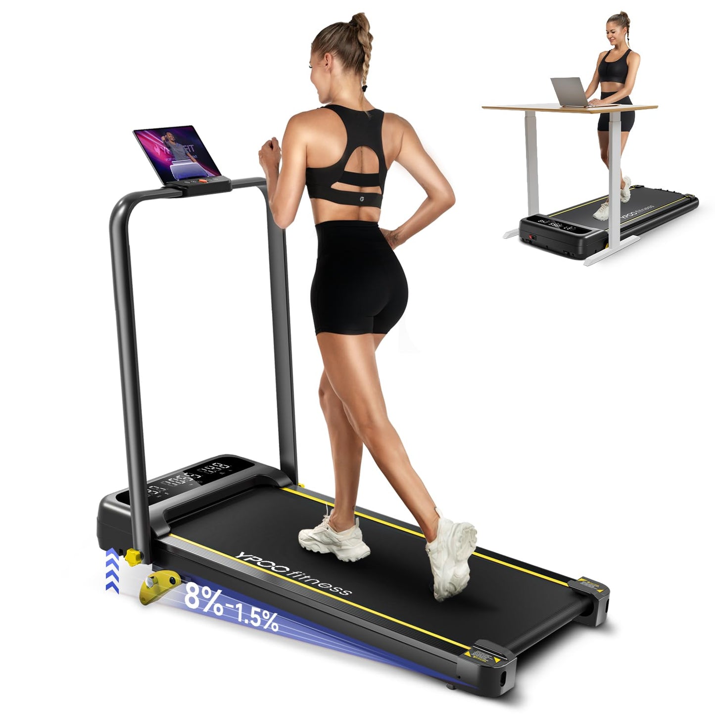 YPOO Foldable Treadmill with Incline, Walking Pad with Handle Bar 3 Level Incline, Portable Folding Treadmills for Home/Office 300 Lbs Capacity, Quiet Desk Treadmill with Remote Control & APP