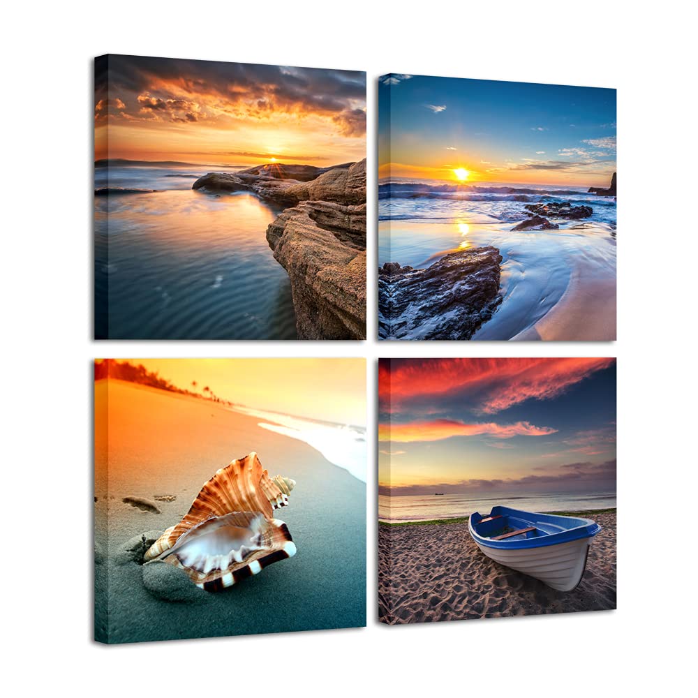Pyradecor Sunset Sea Beach Modern Seascape Pictures Paintings on Canvas Wall Art 4 Panels Stretched Canvas Prints Artwork for Living Room Bedroom Home Office Decorations