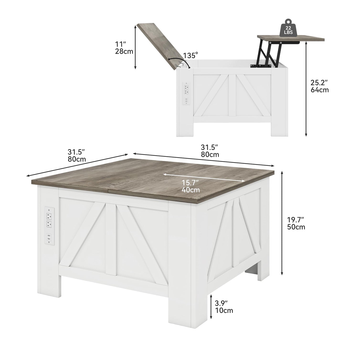 YITAHOME Farmhouse Lift Top Coffee Table with Storage, Wood Square Center Table with Charging Station & USB Ports and Hidden Compartment Coffee Tables for Living Room Bedroom, Home Office, White