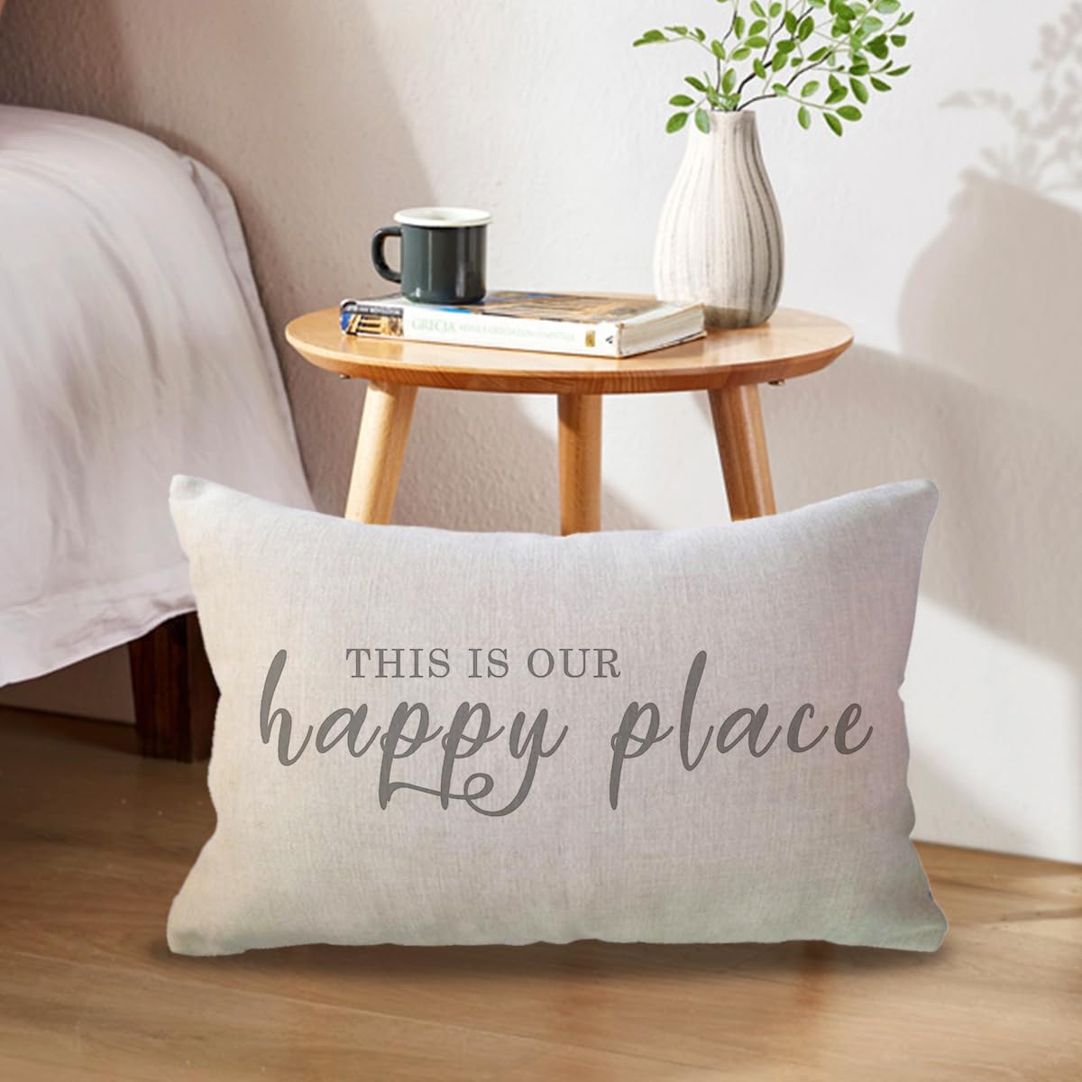 ULOVE LOVE YOURSELF 2Pack Welcome to Our Happy Place Decorative Pillowcases Home Quotes Lumber Cushion Covers 12 x 20 Inch Rustic Family Words Farmhouse Decor for Sofa/Couch/Porch (Grey)