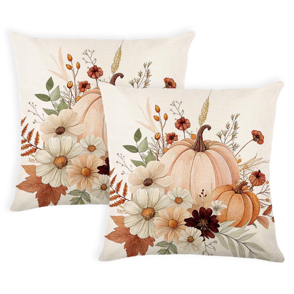 AMZDOTD Fall Pumpkin Pillow Covers 18x18 Inch Set of 2 Autumn Flower Pumpkins Throw Pillow Cover Indoor Outdoor Decorative Pillow Case Thanksgiving Harvest Cushion Case Sofa Couch Fall Decorations