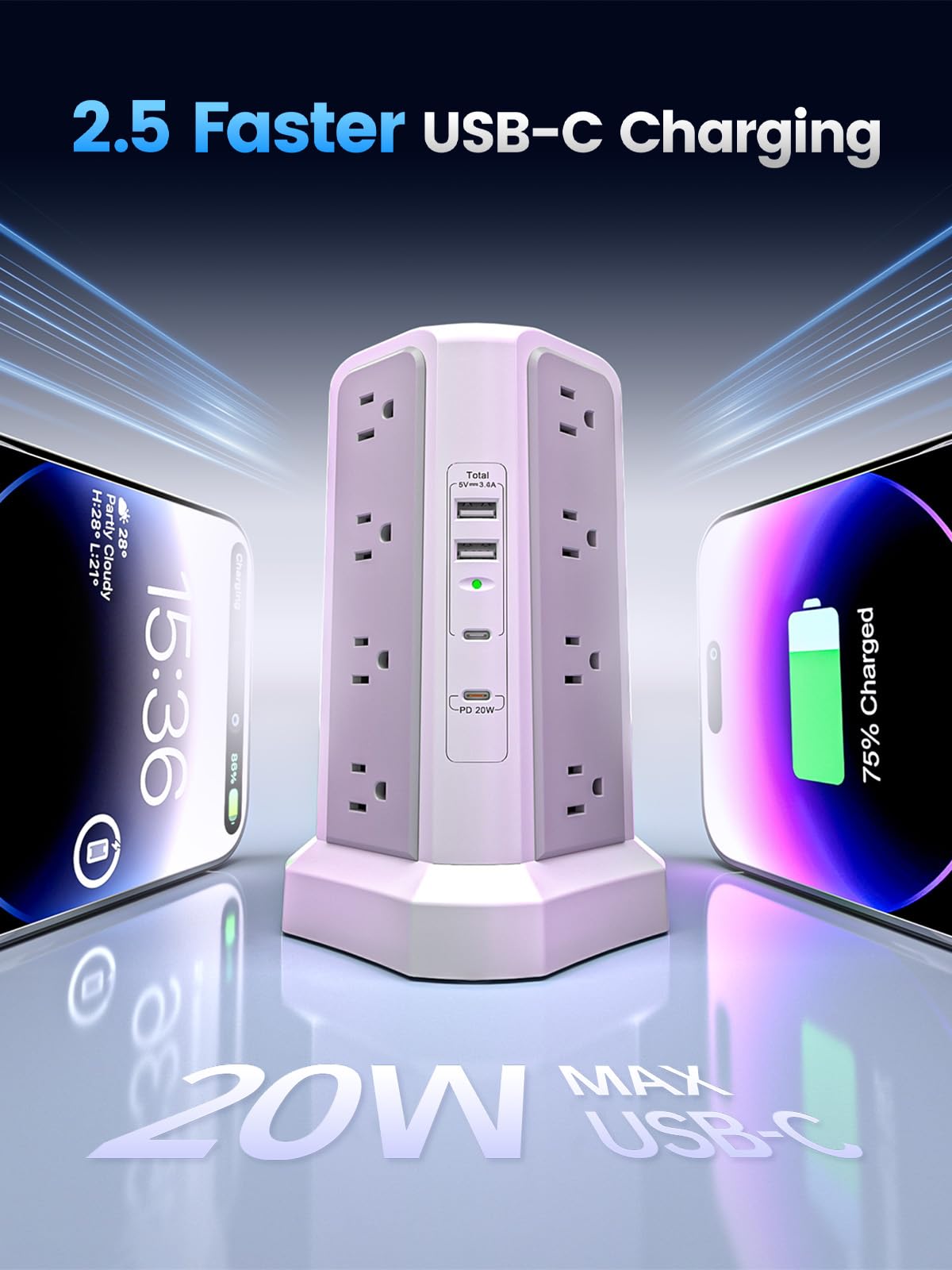 Power Strip Tower Surge Protector with 4 USB Ports (PD 20W), 6FT Extension Cord with 16 AC Multiple Outlets, Charging Station Tower with Surge Protection for Home Dorm Office Supplies