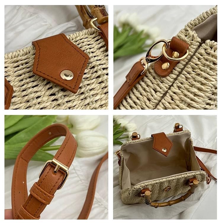Woven Straw Handbag Beach Bag with Bamboo Handle, Brown Leather Trim, Crossbody and Adjustable Strap, Natural (beige)