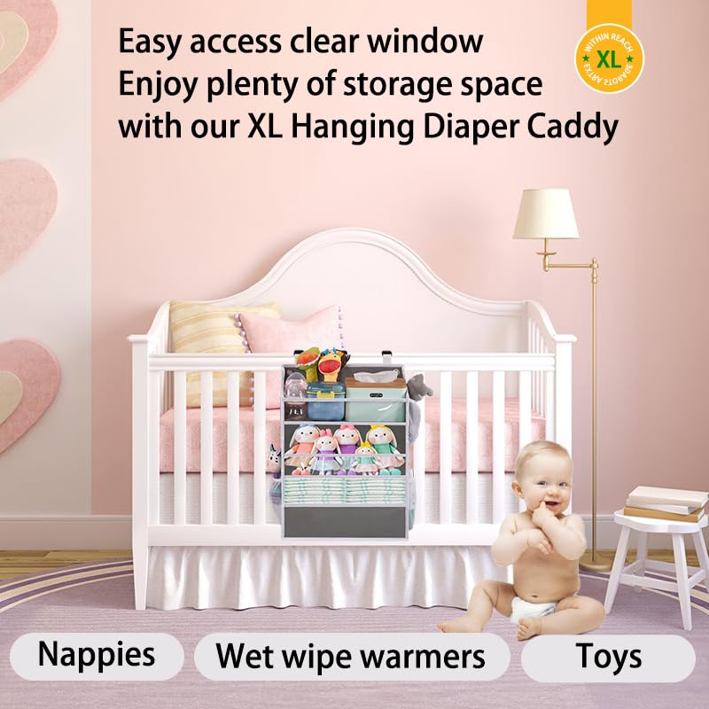 WishJazz XL Hanging Diaper Caddy Organizer for Changing Table, Crib, Playard, Wall & Door, Reinforced Diaper Stacker and Nursery Organizer-Hold 90+Diaper for Newborn Baby Essentials