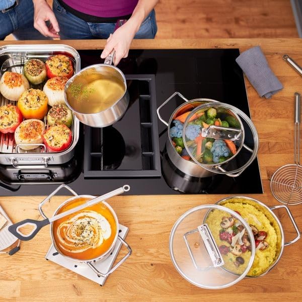 RÖSLE EXPERTISO 4-Piece Pot Set, Universal Pot Set with 3 Pots and 1 Saucepan, 18/10 Stainless Steel, Glass Lids, Scale on Inside, Suitable for Induction Cookers, Dishwasher Safe