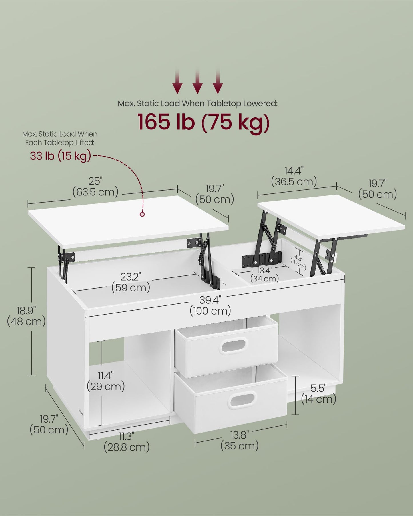 VASAGLE Coffee Table, Lift Top Coffee Table with 2 Drawers and Hidden Compartments, Center Table with Lift Tabletop, Open Compartments, for Living Room, Home Office, Snow White ULCT210W01
