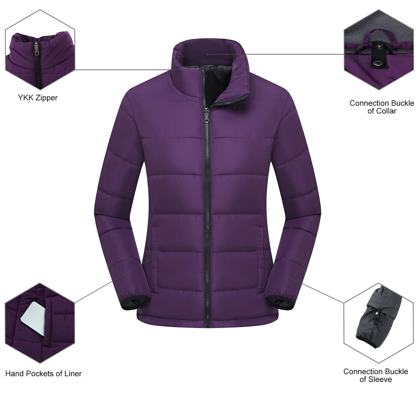 PTSOC Women's 3 in 1 Waterproof Ski Jacket Warm Winter Snow Coat Windproof Hooded Snowboarding Raincoat Purple Medium