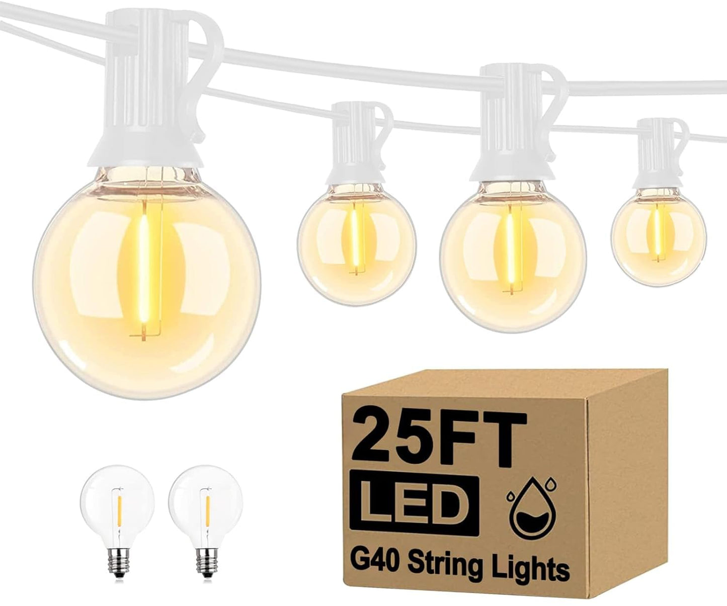 Abeja 25Ft LED Outdoor String Light, Patio Globe String Lights with 27 Shatterproof LED Clear Bulbs(2 Spare), Hanging Patio String Lights for Backyard Decor Bistro Party Yard Decor- White Wire