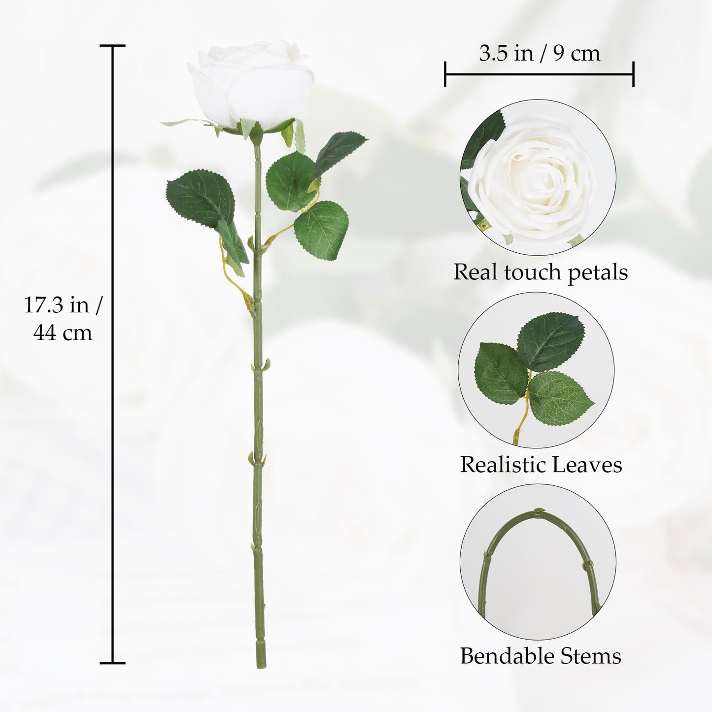 Uznaeoi 5PCS White Roses Artificial Flowers 17.3’’Real Touch Flowers Fake Rose Bouquet with Stems for Wedding Home Party Centerpieces Decoration(White)
