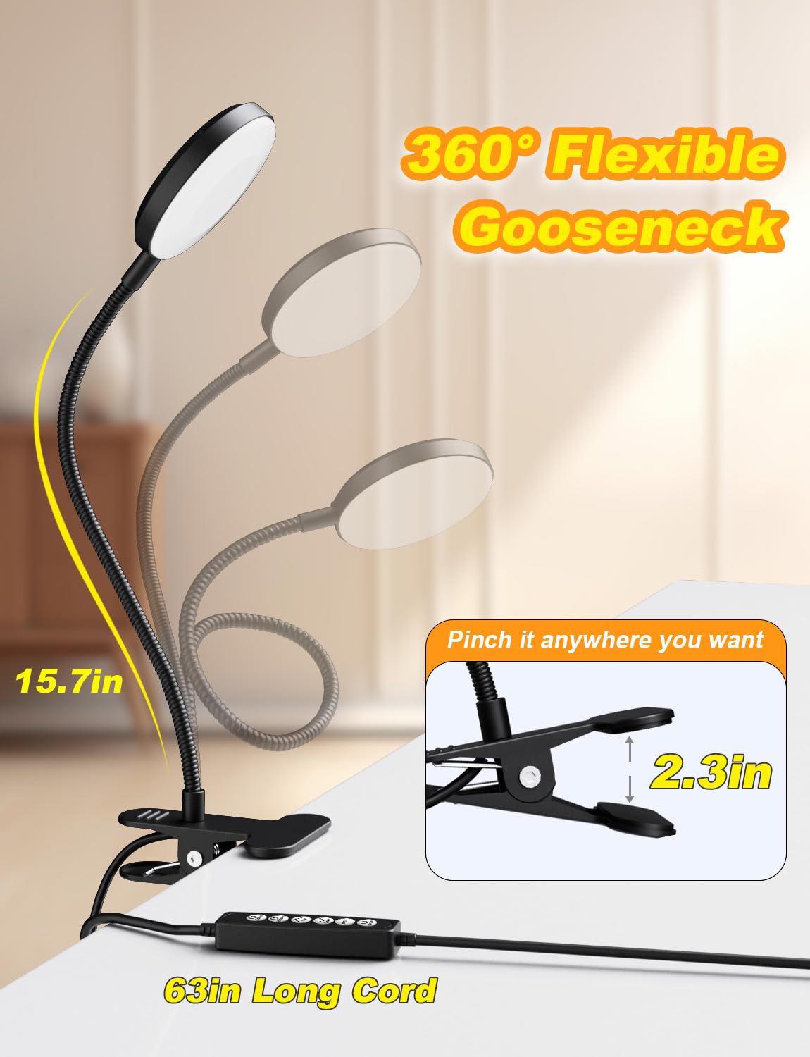 Reifeiniwei Desk Lamp with Clamp-10W，2-in-1 with RGB Ambient Light & Warm White Light,Book Reading Light Color Changeable/Flexible Gooseneck LED Lamps Clip on Bed Headboard and Computers 800LM-Black