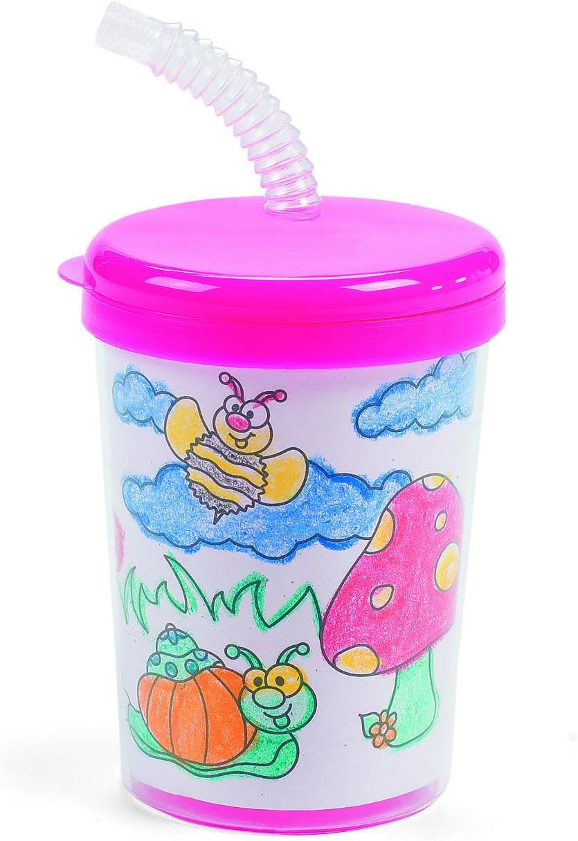 Fun Express Plastic Cups with Lids and Straws- Set of 12, BPA-Free, 6 Oz