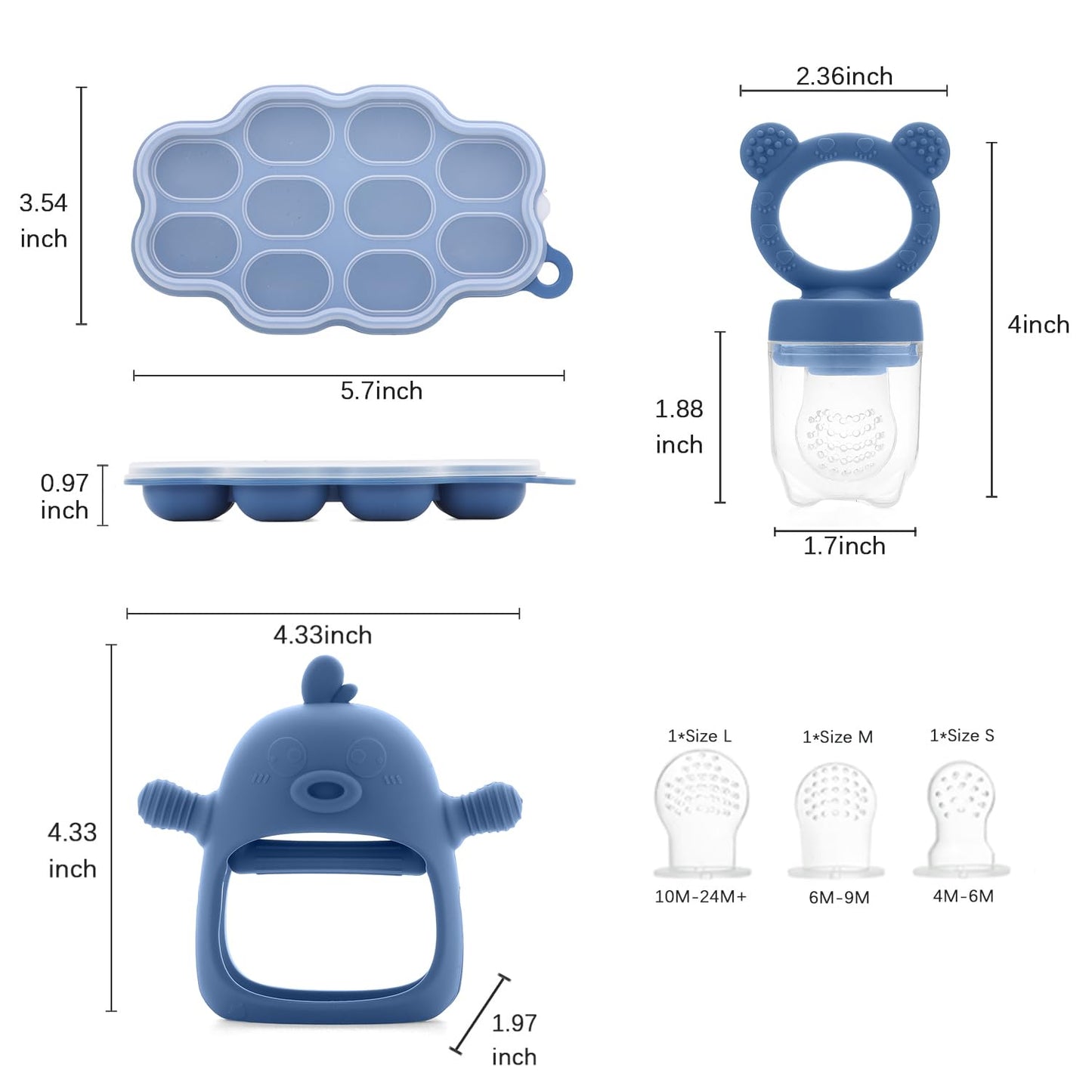 Baby Fruit Feeder & Breastmilk Popsicle Molds – (3-Pack) Teething Relief Set with Mesh & Silicone Pacifiers, Freezer Tray, Food Feeder for 0–12 Months, BPA Free – (Steel Blue)