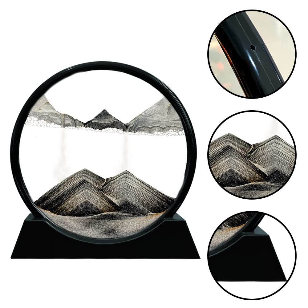 Aoderun Moving Sand Art Picture Round Glass 3D Deep Sea Sandscape in Motion Display Flowing Sand Frame Relaxing Desktop Home Office Work Decor (7", Black)