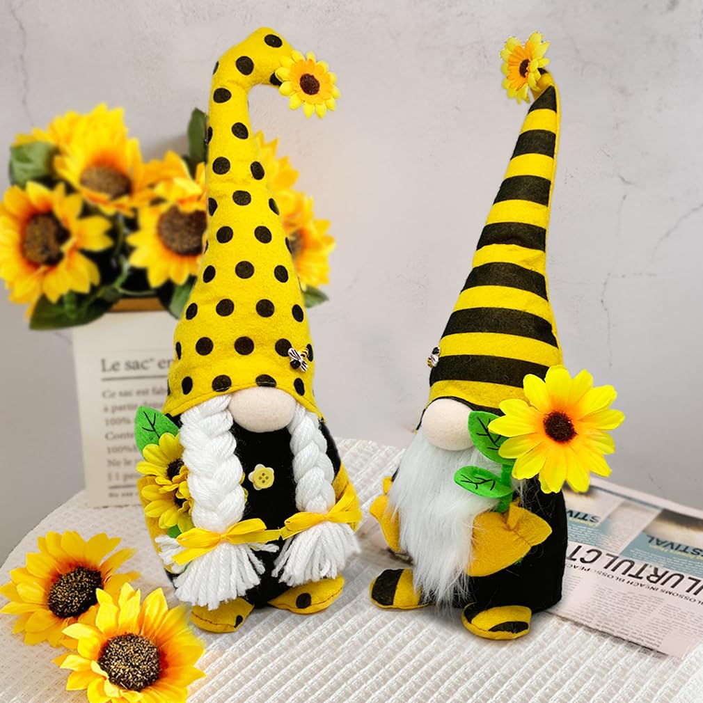 AMOH JERCY Tall Sunflower Gnome Set – 2PCS 15” & 14” Bee Plush Scandinavian Gnomes, Rustic Farmhouse Spring & Summer Decor, Tiered Tray & Mantel Decorations, Housewarming Gift, Party Table Centerpiece