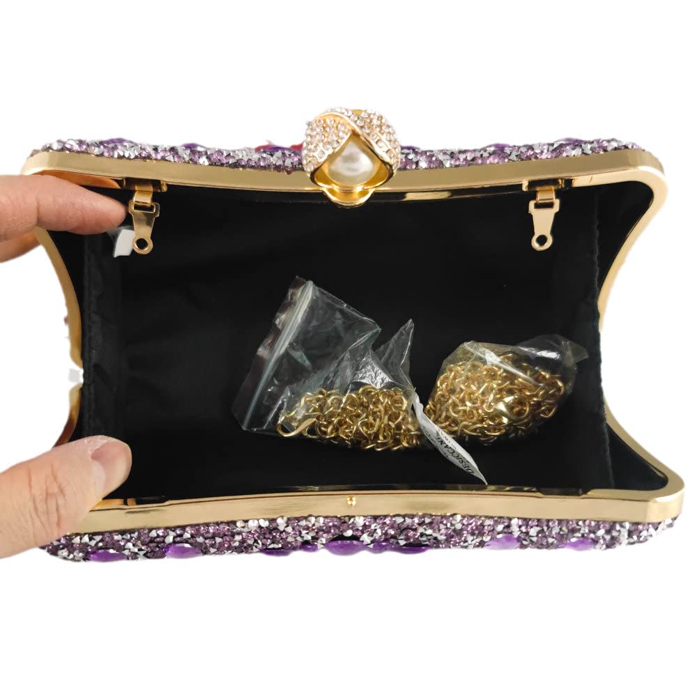 Boutique De FGG Pearl Clasp Crystal Clutch Purses for Women Evening Bags Wedding Handbag Party Rhinestone Clutch Bag,Mini,Light Purple