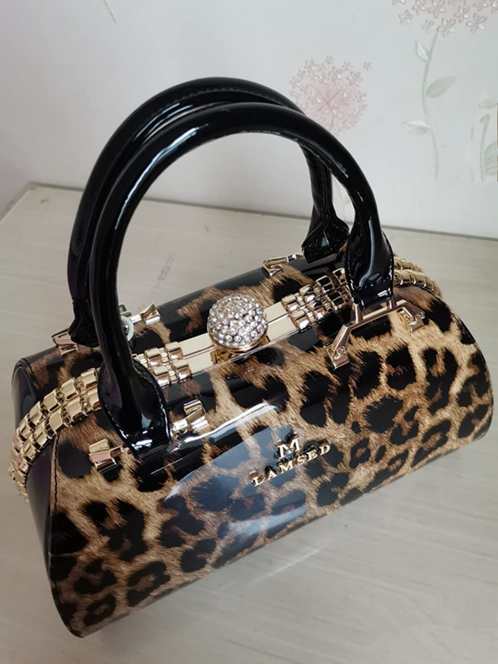 Shirt Luv Fashion Leather Women's Top Handle Satchel Crossbody Handbags Crystal Evening Bag Purses Hard Shoulder Bags (Leopard)