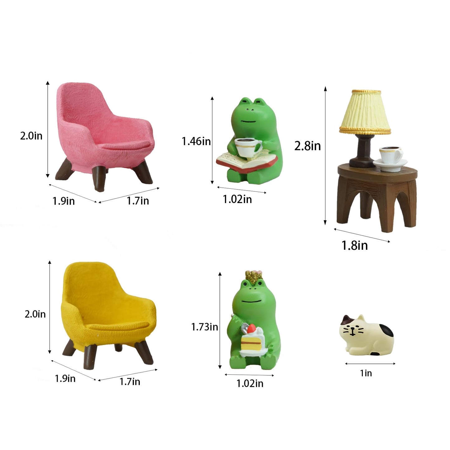 Inufcub Miniature Frog Desk Set with Sofa, Cat & Lamp - 6-Piece Cute Figurines for Office, Fairy Garden & Home Decor, Resin Gift for Frog Lovers