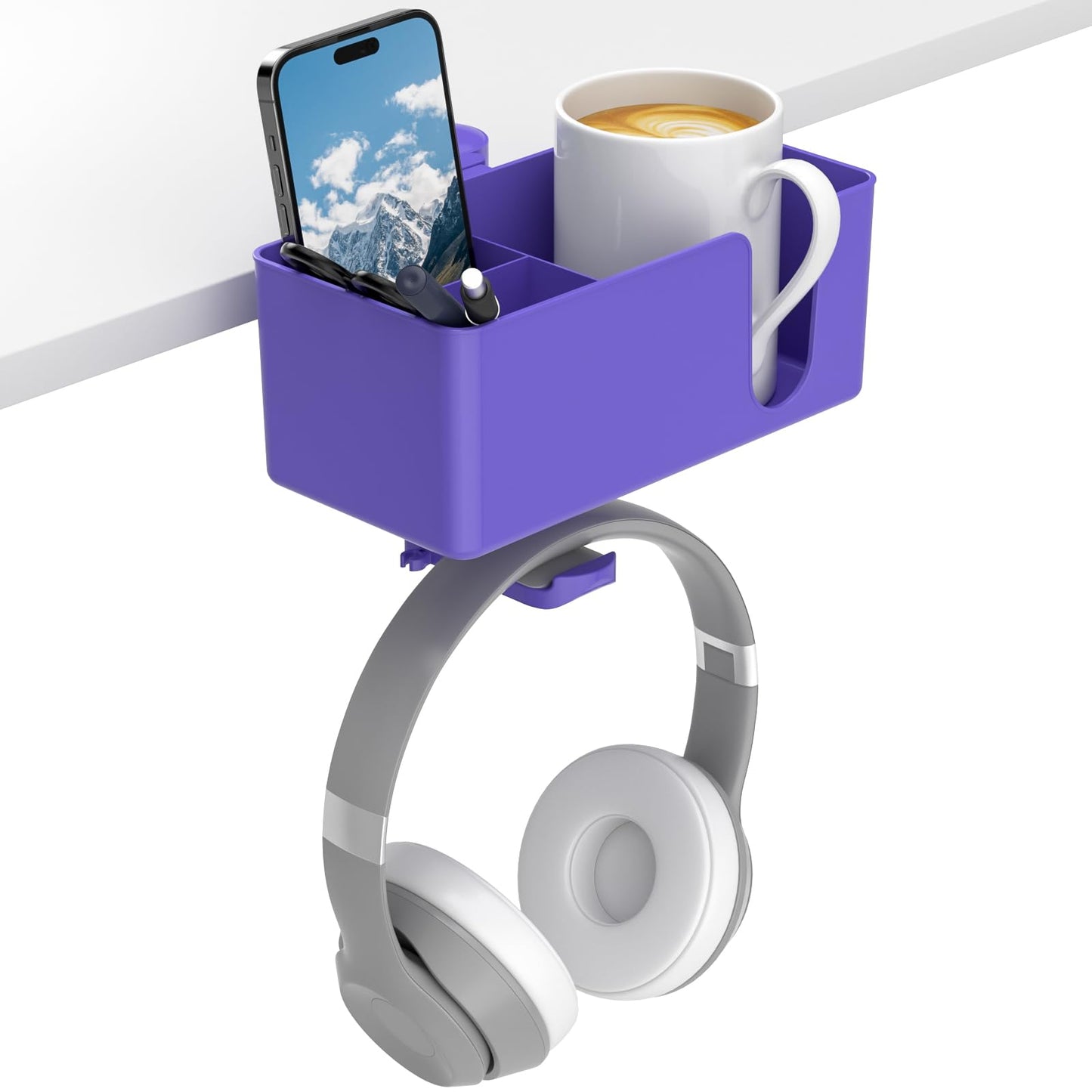 KDD 4 in 1 Desk Cup Holder - Clamp on Under Desk Headphone Hanger - Rotating Headphone Holder Detachable Pen Cup Holder Desktop Storage for Cup, Phone and Pen(Black)