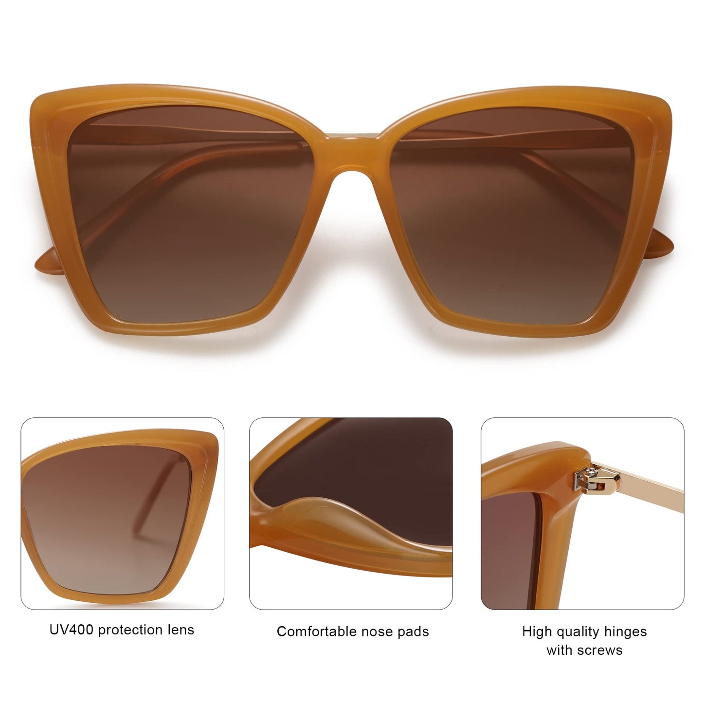 SOJOS Trendy Polarized Sunglasses For Women Retro Womens Oversized Square Cat Eye Sun Glasses UV Protection SJ2206 Milky Orange Frame Brown Grading Lens
