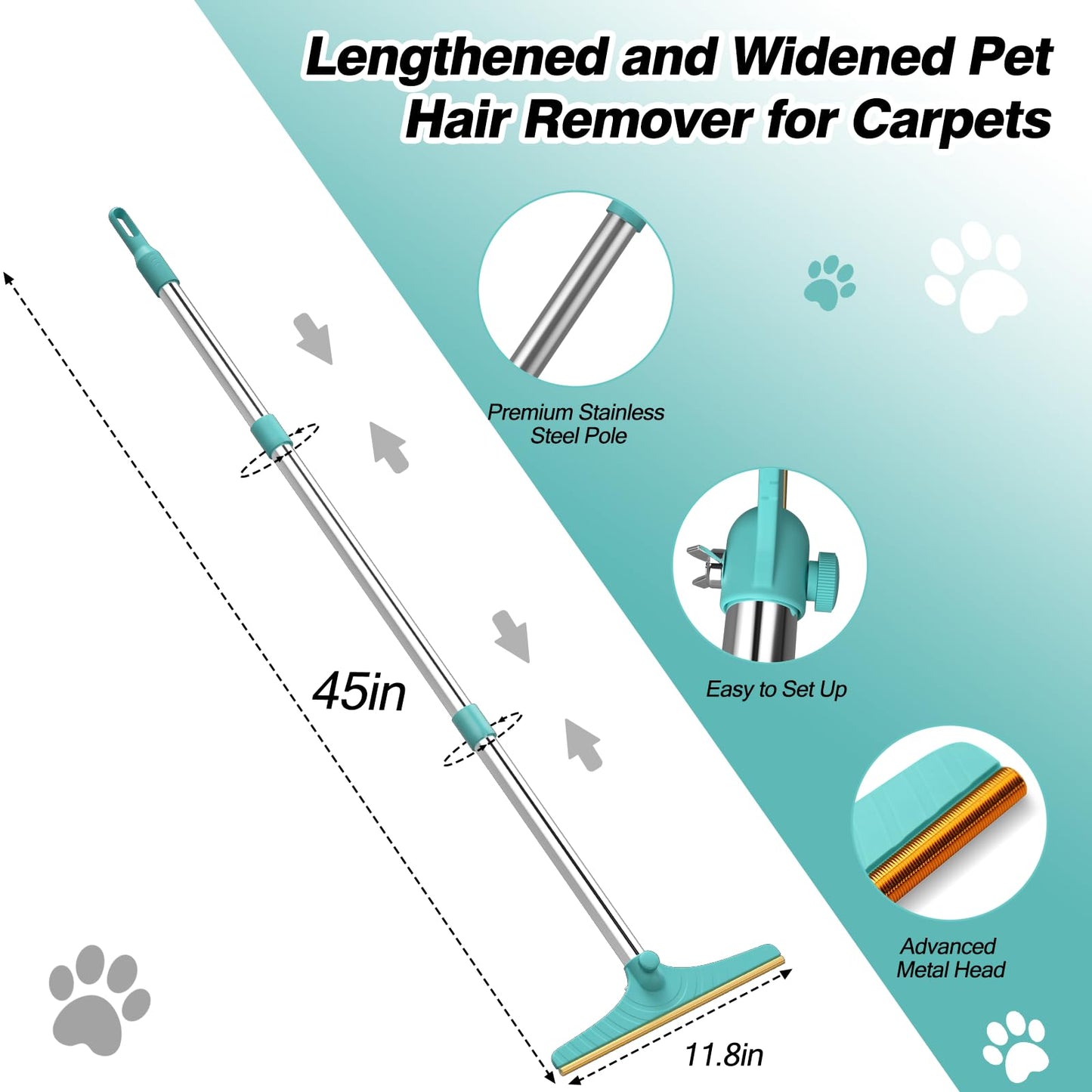 Carpet Rake for Pet Hair Removal, Reusable Cat Dog Hair Remover with 45’’ Long Handle Advanced Lint Remover Scraper for Carpets, Rugs, Mats, Couch