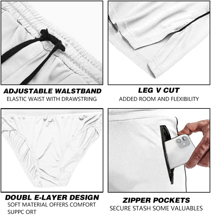 EVERWORTH Men's 3" Inseam Workout Shorts Quick Dry Gym Short Shorts Lightweight Athletic Shorts for Men with Liner and Zipper Pockets White US L