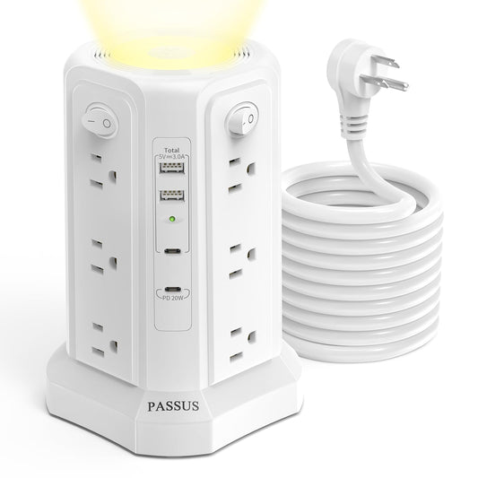 Long Surge Protector Power Strip 16 FT Cord, PD20W USB C Power Strip Tower with Night Light, Extension Cord with Multiple Outlets with 4 USB Ports, PASSUS Charging Station Home Office Essentials Black