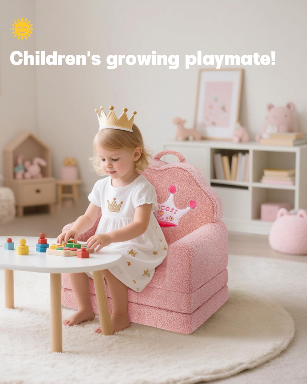MOONBEEKI Kids Couch, 2-in-1 Convertible Soft Sherpa Fabric, Toddler Chairs Comfy 1-5 Years Old, Cartoon Animal & Crown Design, Toddler Furniture for Bedroom and Playroom, Pink Crown, Medium