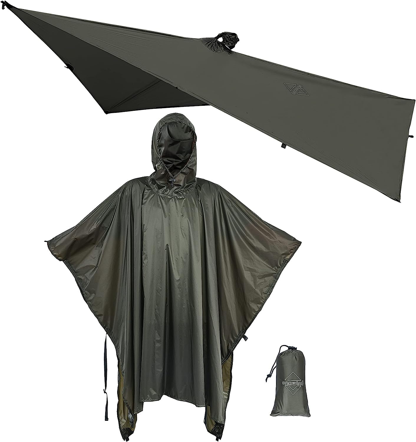 onewind Hooded Rain Poncho, Silnylon Rain Coat Versatile Survival Shelter Waterproof Breathable Lightweight Poncho