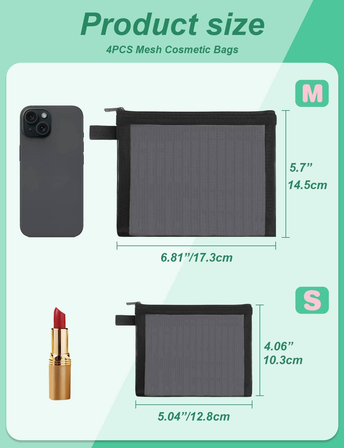 besharppin 4 Pack Mini Cosmetic Bags, Small Mesh Makeup Bag with Zipper for Home Office Purse Multipurpose Nylon Bag (Black)