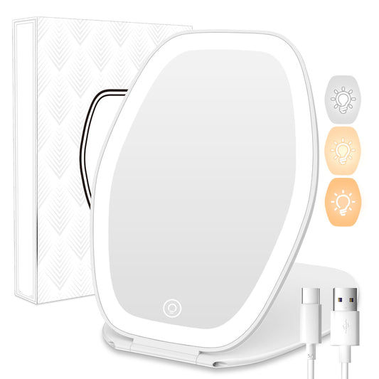 COSYGLOW Travel Makeup Mirror with Light: 3 Color Lighting Portable Mirror with Touch Screen Rechargeable Adjustable LED Lights Vanity Hexagon Mirror for Travel, Desk, Home (White, 1 Mirro)