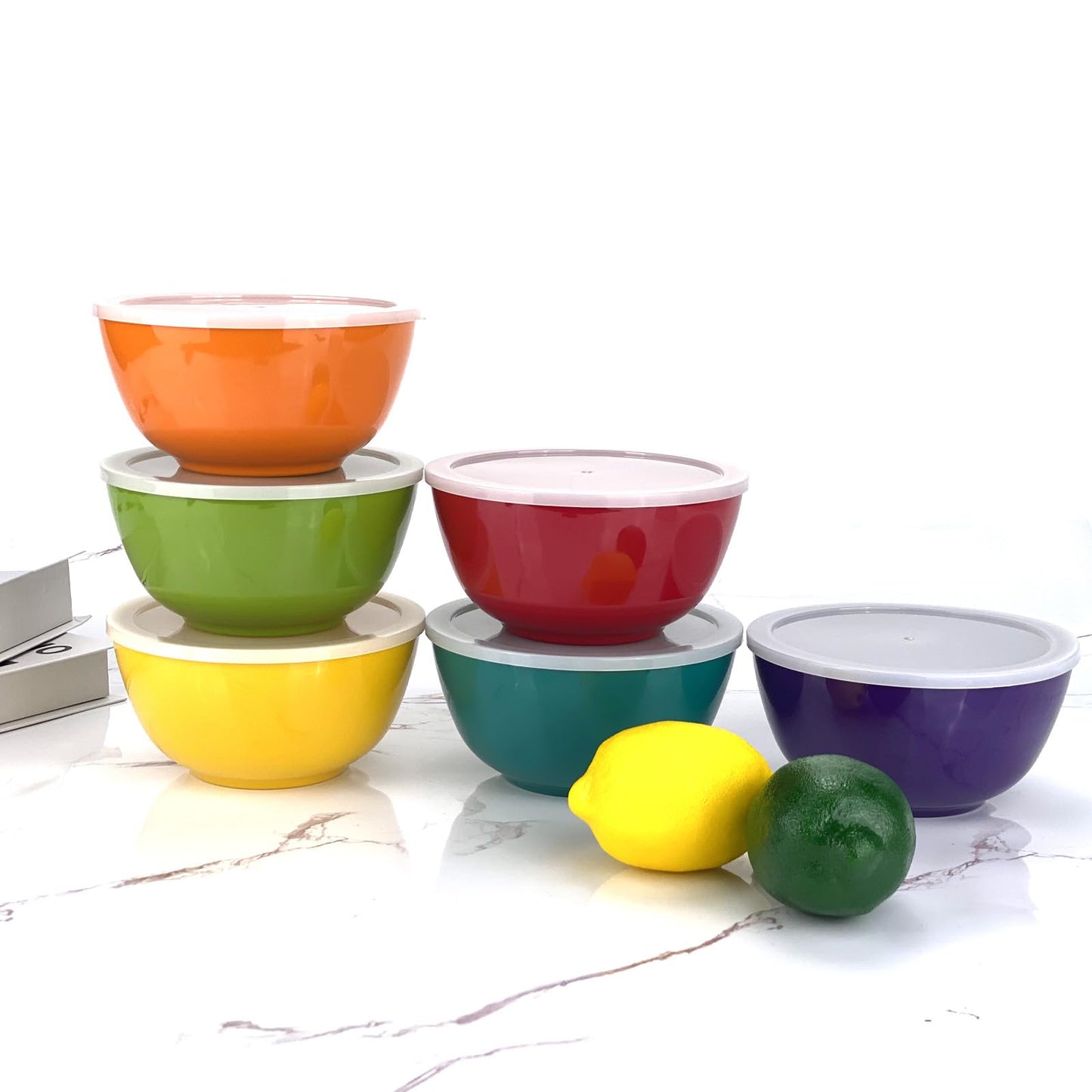 yongzhenlite Set of 6 Melamine 28oz Salad Bowl Set,6 inch Round Soup Bowl,100% Melamine Dinnerware set for Dinner or Picnic Party,Break-resistant and BPA Free,Multicolor (with Lid)
