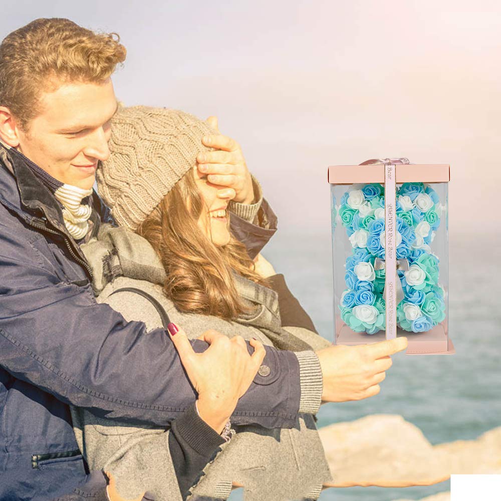 ASENVER Hand Made Artificial Flowers Rose Bear Pure Color for Valentine Birthday and Mother's Day with a 10" Pink Gift Box (Grey Bow-Tricolor Flower)