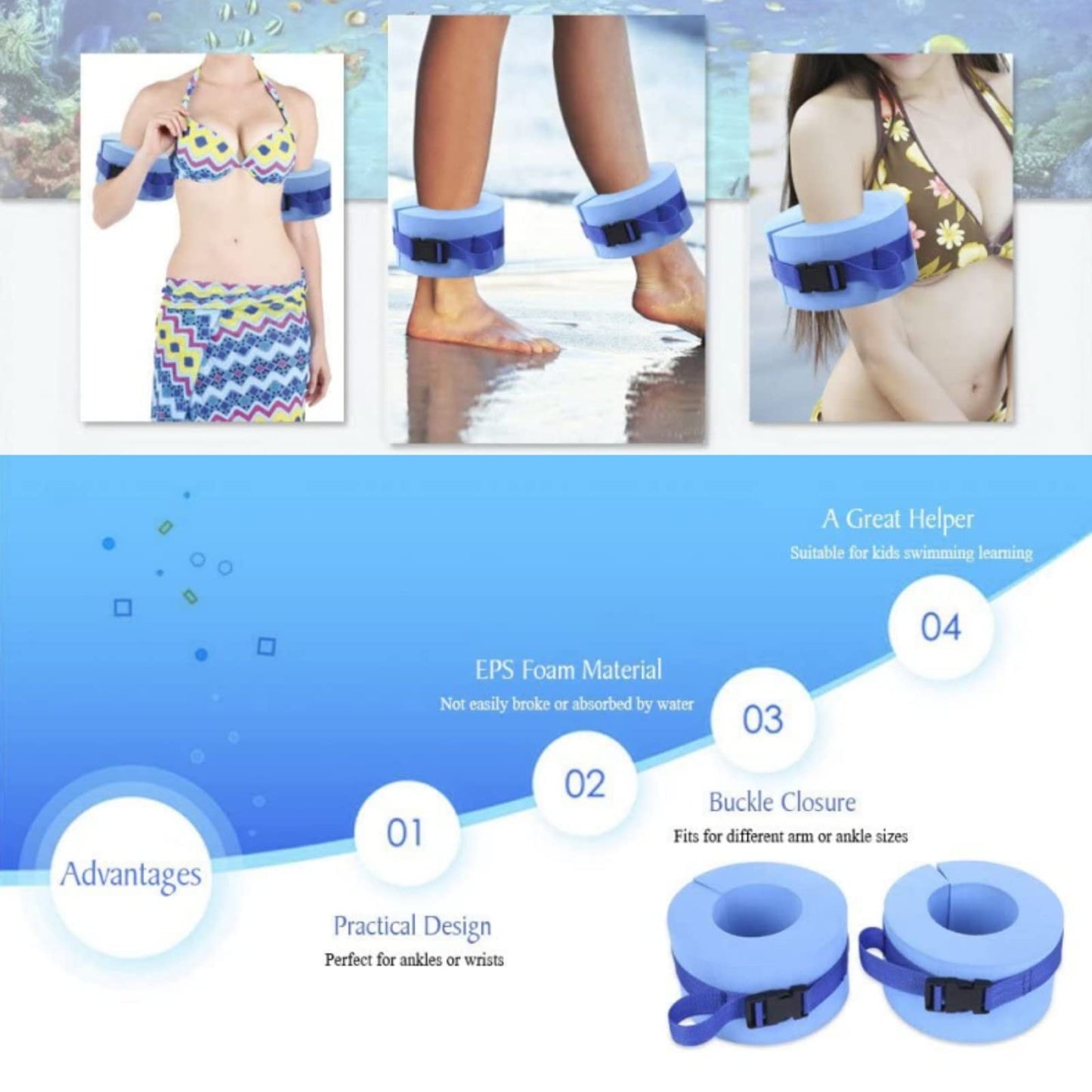 Foam Swim Aquatic Cuffs, Water Aerobics Float Ring Fitness Exercise Set, Ankles Arms Belts with Quick Release Buckle for Swim Fitness Training Set, Set of 2, Blue
