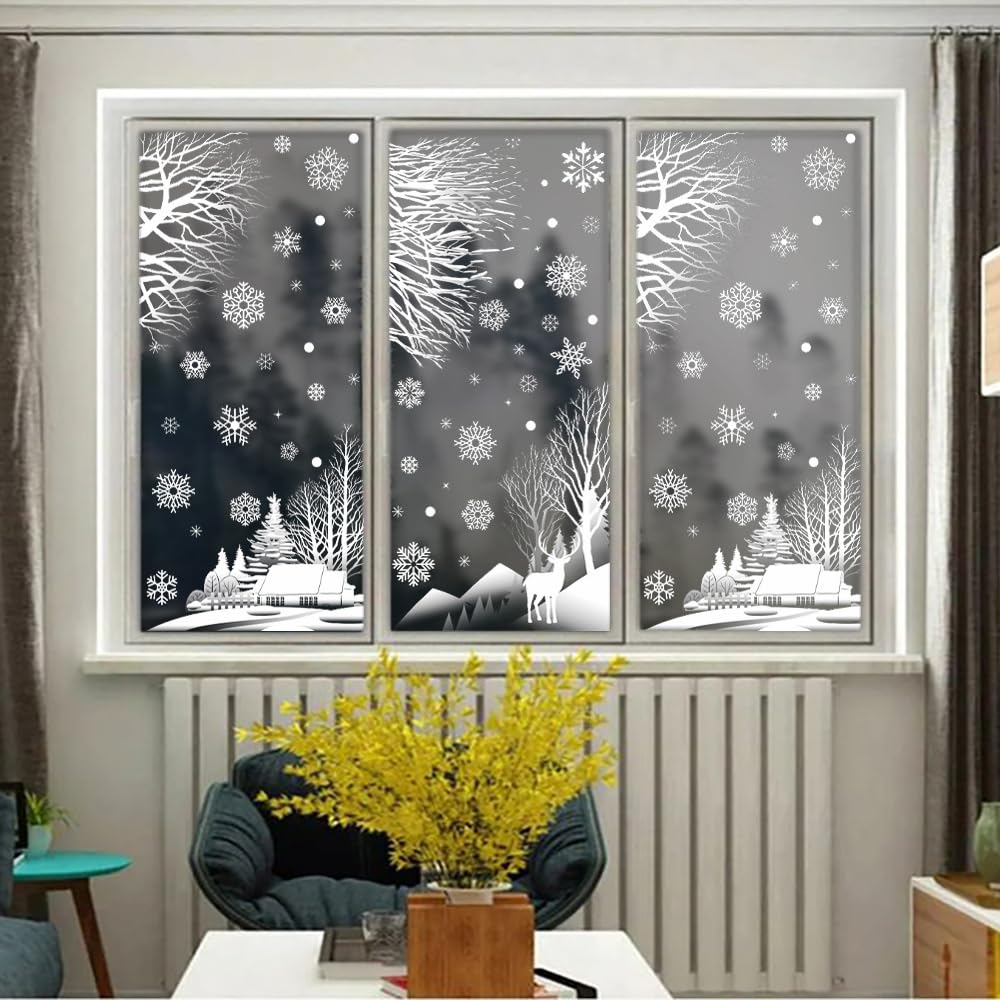 2 Sheets Christmas Window Clings - Xmas Tree Branch, Elk, Snowflake Stickers for Window Decorations, Home Office Party Decor