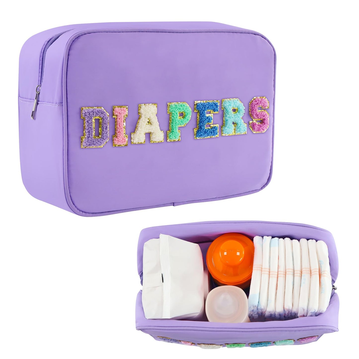Portable Small Diaper Bag, Chenille Letter Diaper Caddy Organizer Pouch Newborn Baby Essentials Must Haves for Nursery Changing Table, Purple Waterproof Diaper Pail Baby Shower Gifts for Mom To Be