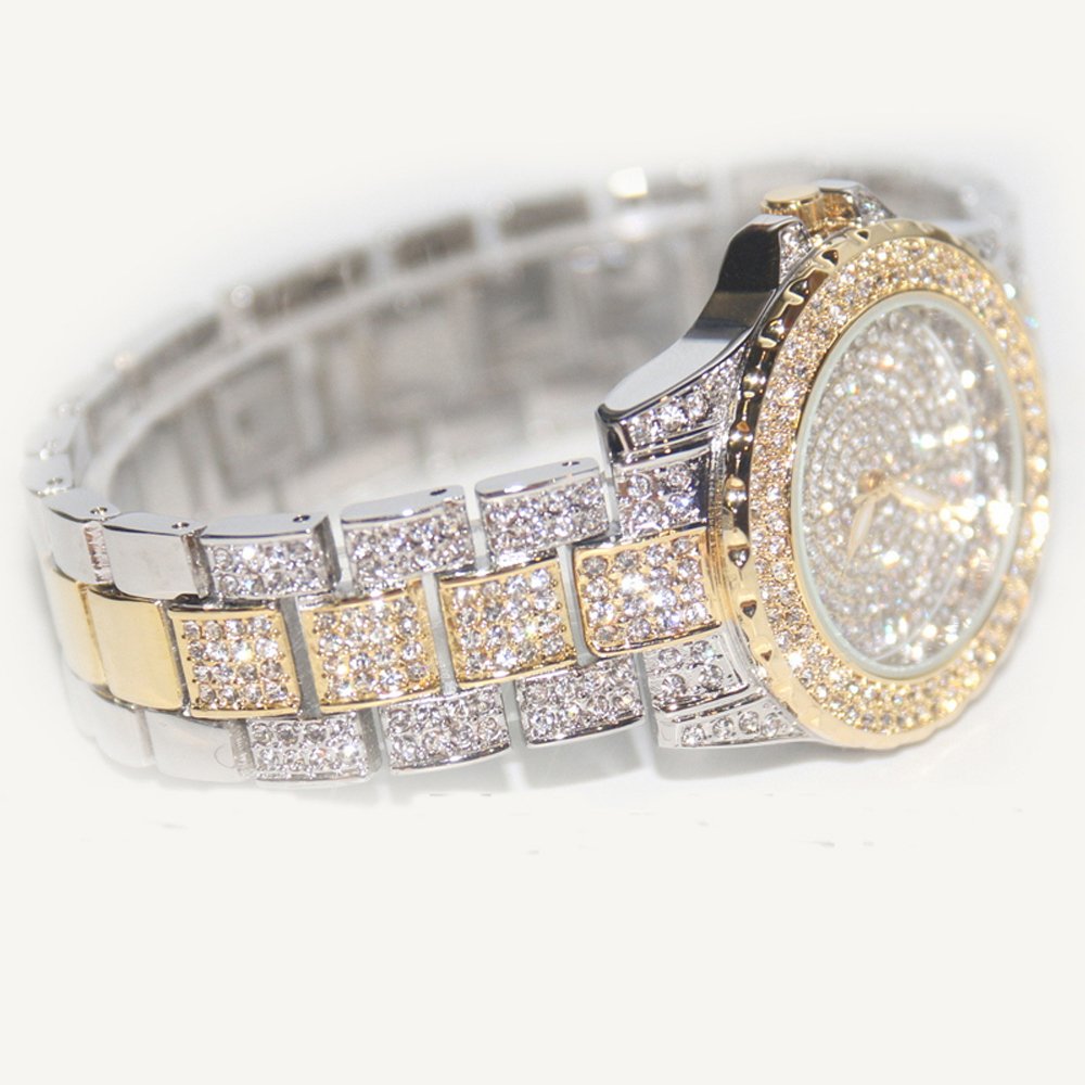 Smalody Round Luxury Women Watch Crystal Rhinestone Diamond Watches Stainless Steel Wristwatch Iced Out Watch with Japan Quartz Movement for Women | Simulated Lab Diamonds (Mix Gold)