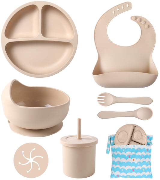 ECLIP Silicone Baby Feeding Set, 10 Pcs Baby Eating Essentials with Suction Bowl Divided Plate Adjustable Bib Soft Spoon Fork Snack Cup with Lid Drinking Cup, Utensil (Beige)