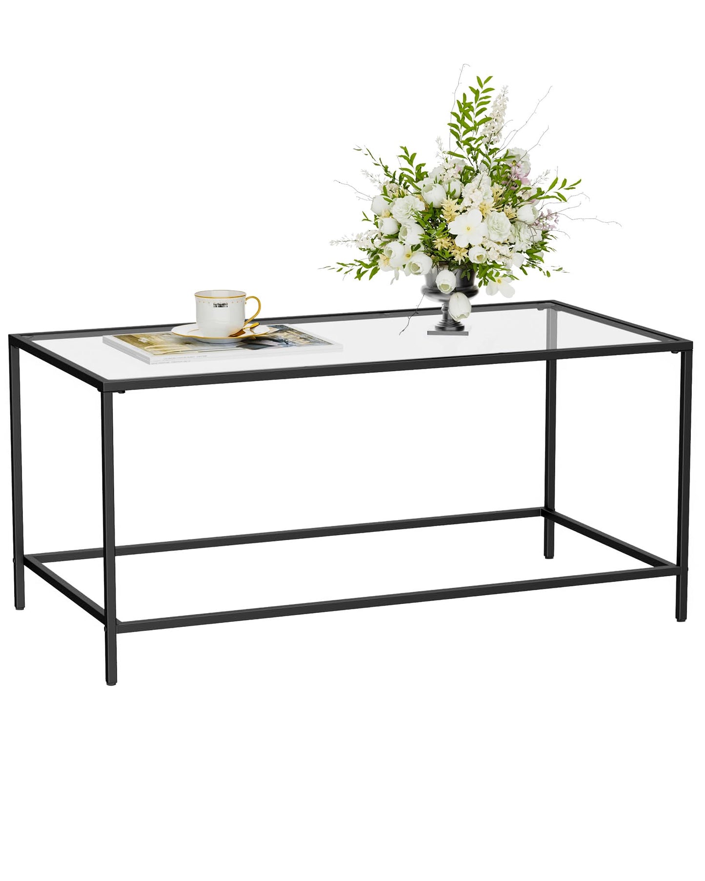 Homleke Glass Coffee Table, Modern Rectangular Black Coffee Table for Living Room, Minimalist Center Tea Table with Sturdy Metal Frame for Apartment, Office, Dining Room, Easy Assembly, Black