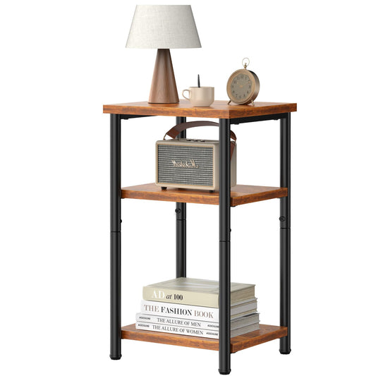 DUMOS End Table, 3 Tier Side Sofa Tables for Small Space, Storage Shelf, Nightstand with Adjustable Feet for Living Room, Bedroom, Office, Set of 1, Rustic Brown