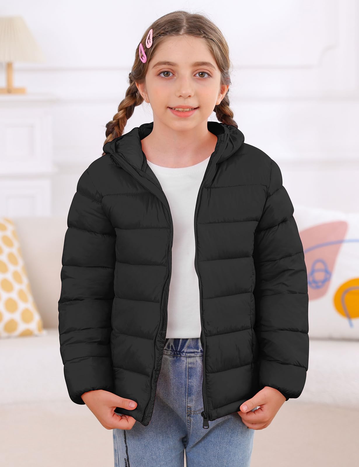 Enlifety Kids Jackets Size 6 7 Girls Black Winter Coat Lightweight Packable Hooded Puffer Jacket
