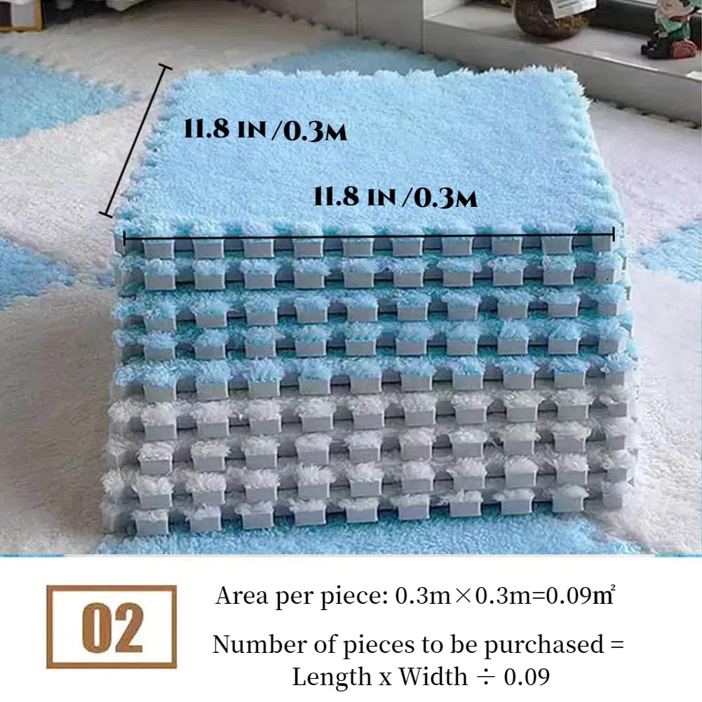 12 Pcs Plush Foam Interlocking Carpet Tiles,Soft Shaggy Fluffy Floor Area Rugs with Padding,Colorful Floor Protective Mats for Home Kids Room Playroom (White and Black, 11.8 x 11.8 x 0.39)