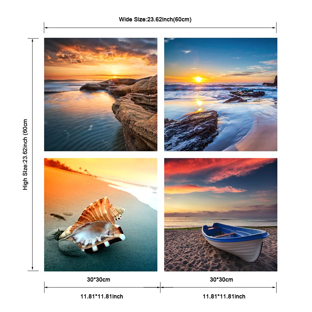 Pyradecor Sunset Sea Beach Modern Seascape Pictures Paintings on Canvas Wall Art 4 Panels Stretched Canvas Prints Artwork for Living Room Bedroom Home Office Decorations