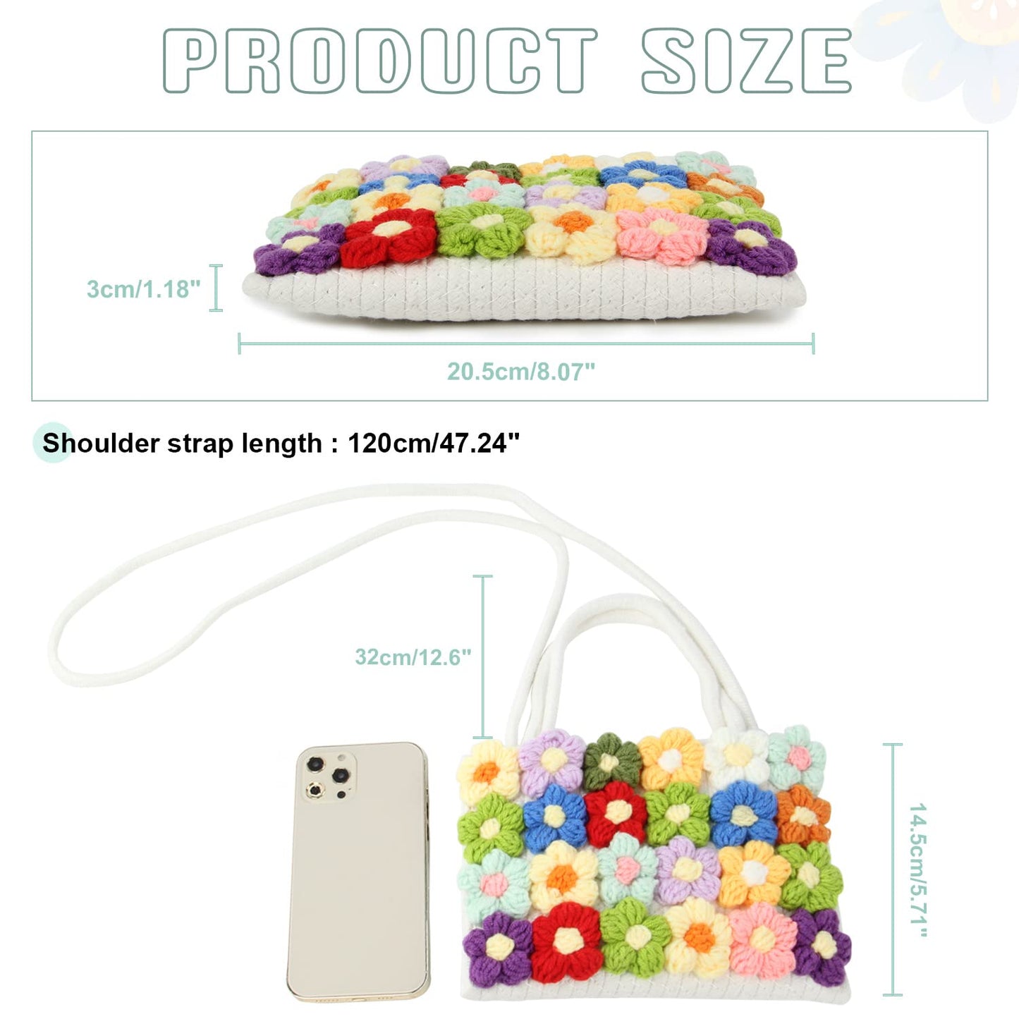 SUKUTU Women Small Flower Handwoven Crossbody Handbag Cute Multicolored Purse Bag Cotton Crochet Shoulder Bag