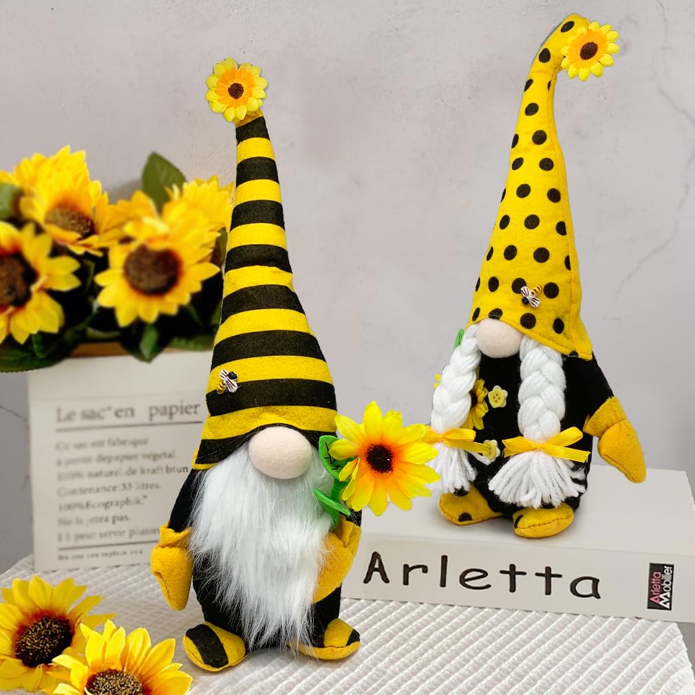 AMOH JERCY Tall Sunflower Gnome Set – 2PCS 15” & 14” Bee Plush Scandinavian Gnomes, Rustic Farmhouse Spring & Summer Decor, Tiered Tray & Mantel Decorations, Housewarming Gift, Party Table Centerpiece