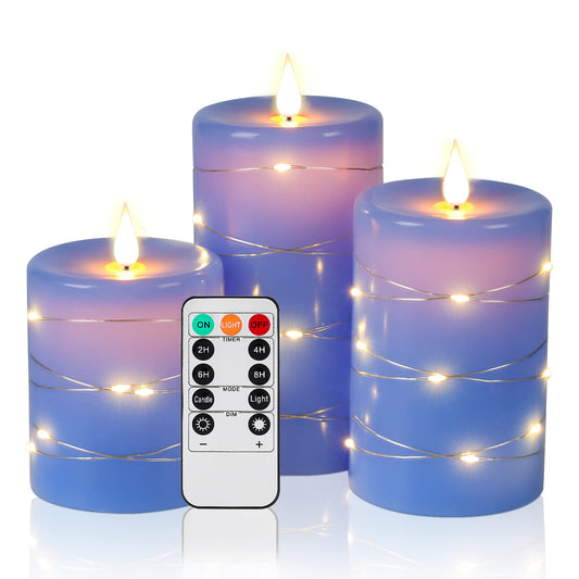 Da by Flameless Candles with String Lights，Battery Operated Candles,LED Flickering Candles with Remote Control and Timer, Real Wax, 3 Pack-Blue
