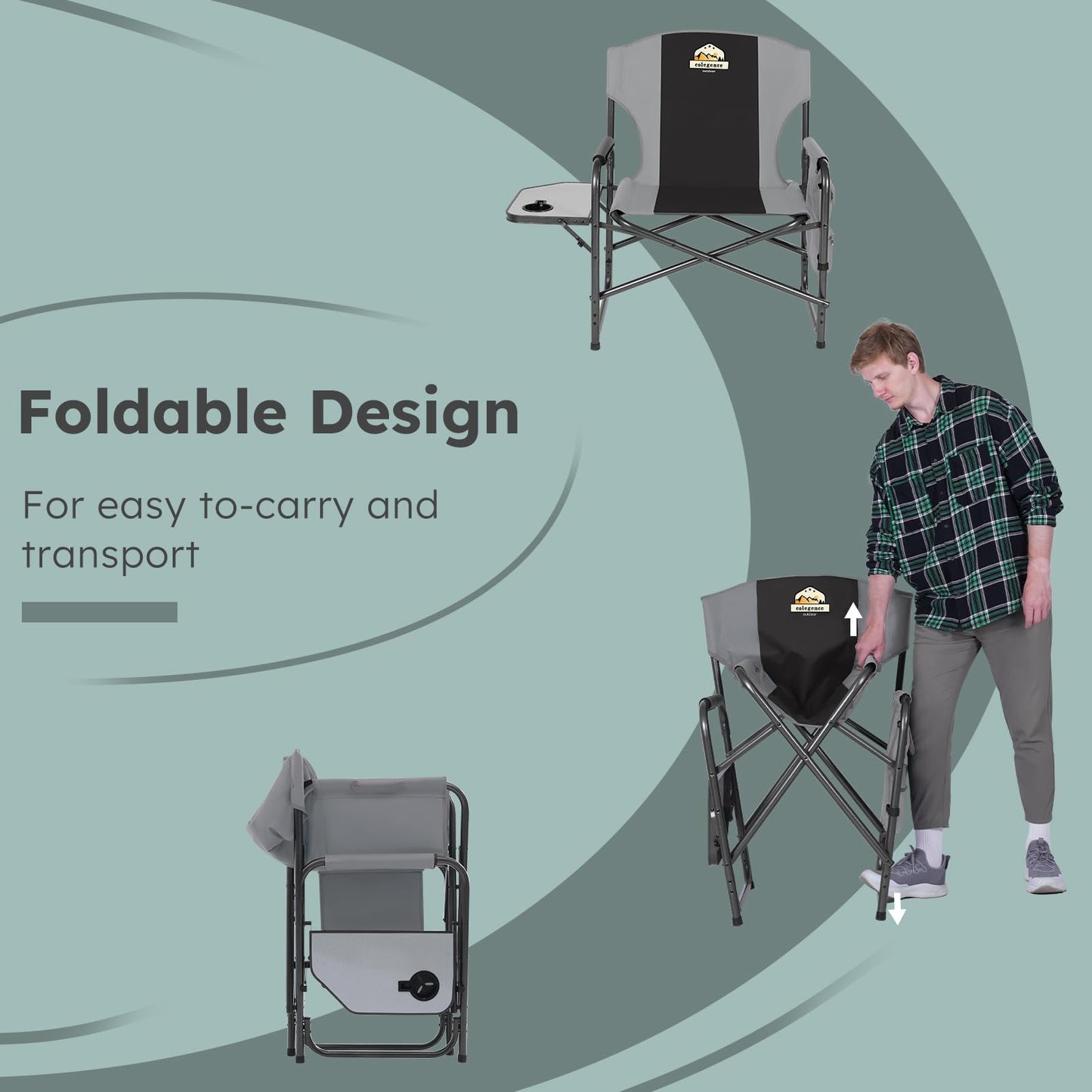 Colegence Oversized Directors Camping Chair Set of 2 Support 600 LBS, Heavy Duty Folding Outdoor Chairs with Detachable Side Pocket and Adjustable Side Table for Outside Beach,Lawn,Fishing (Black)