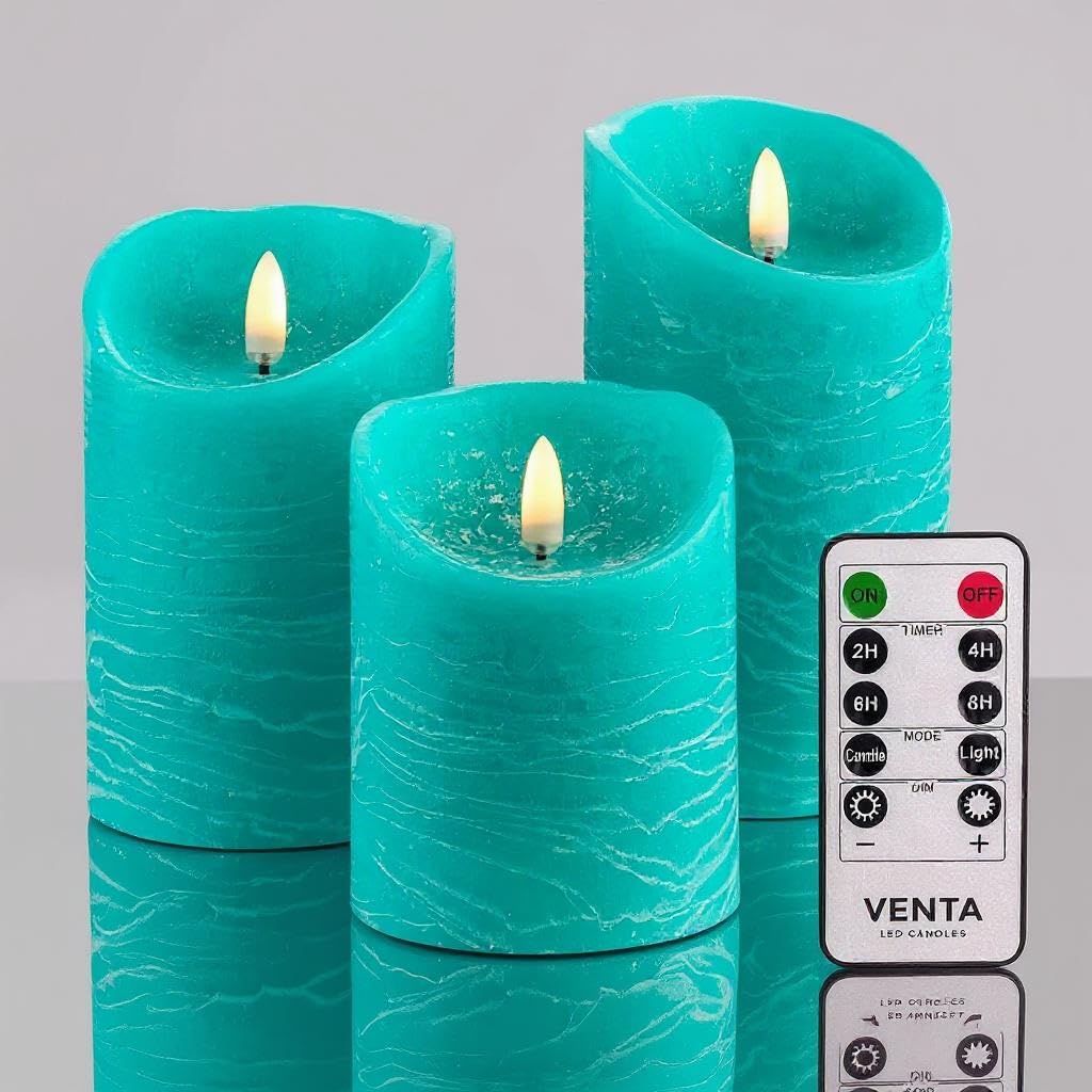 VENTA Flickering Flameless Candles with Remote Control - Led Candles Battery Operated - Battery Operated Candle for Decoration Table, Timer & Dimmer Features, Set - 3Pcs (4",5",6") (Turquoise)