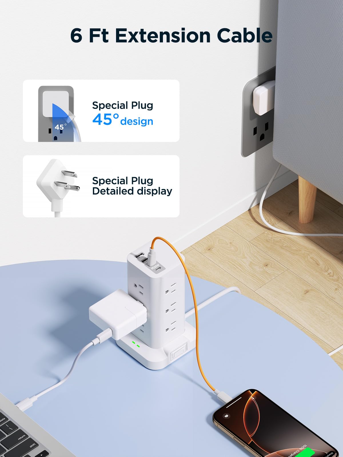 Surge Protector Power Strip, 6FT Flat Plug Extension Cord with 12 AC Outlets, 4 USB Charger(2 USB C Port), 1200 Joules Overload Protection, Desk Charging Station for Home Office, Dorm Room Essentials