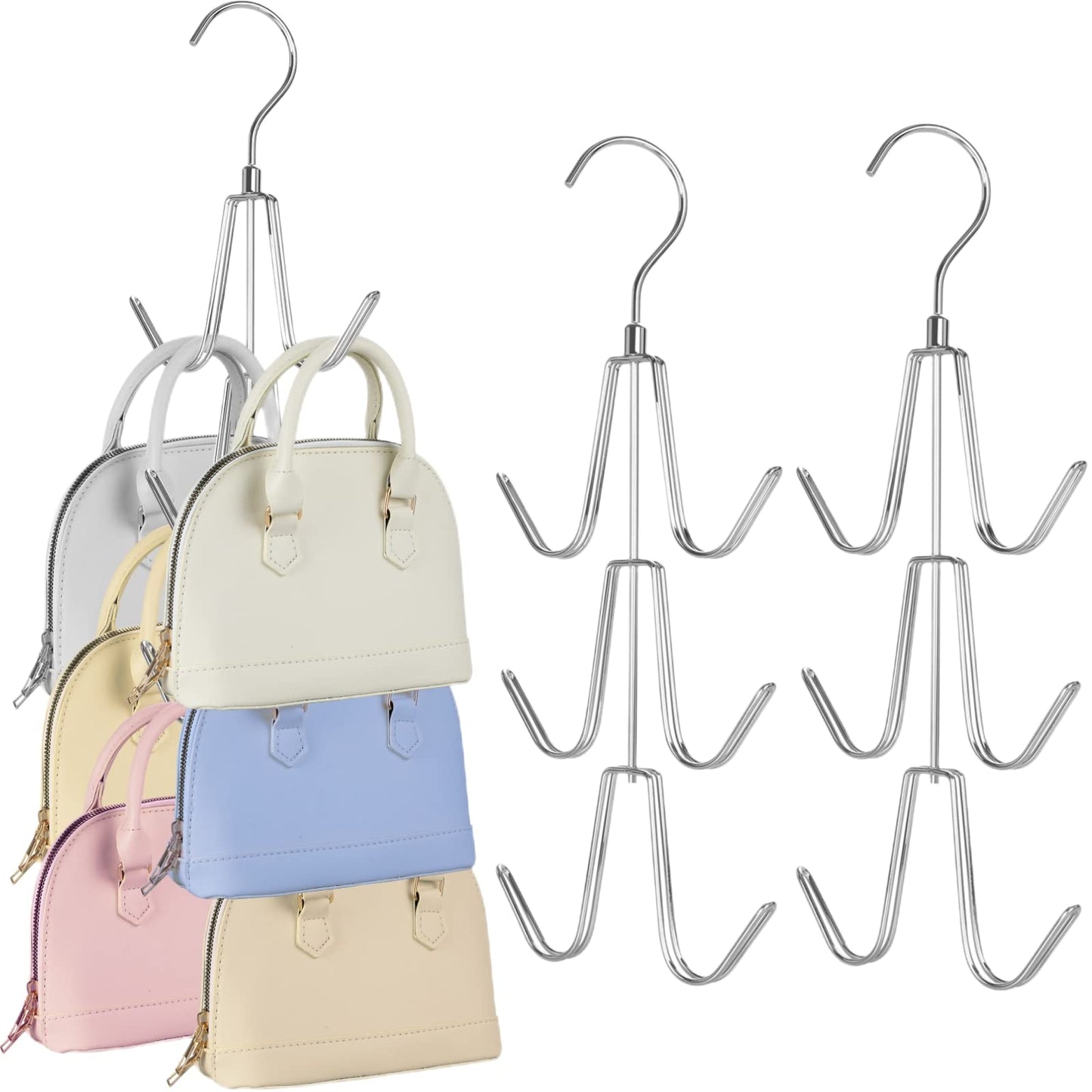 TOPIA HANGER Purse Hanger Organizer for Closet, 2-Pack Handbag Organizer Hanger, 360°Swivel Metal Purse Hooks, Bag Rack, Belt Organizer, Tie Rack, Scarf Hanger, Bag Storage Organizer, Silver